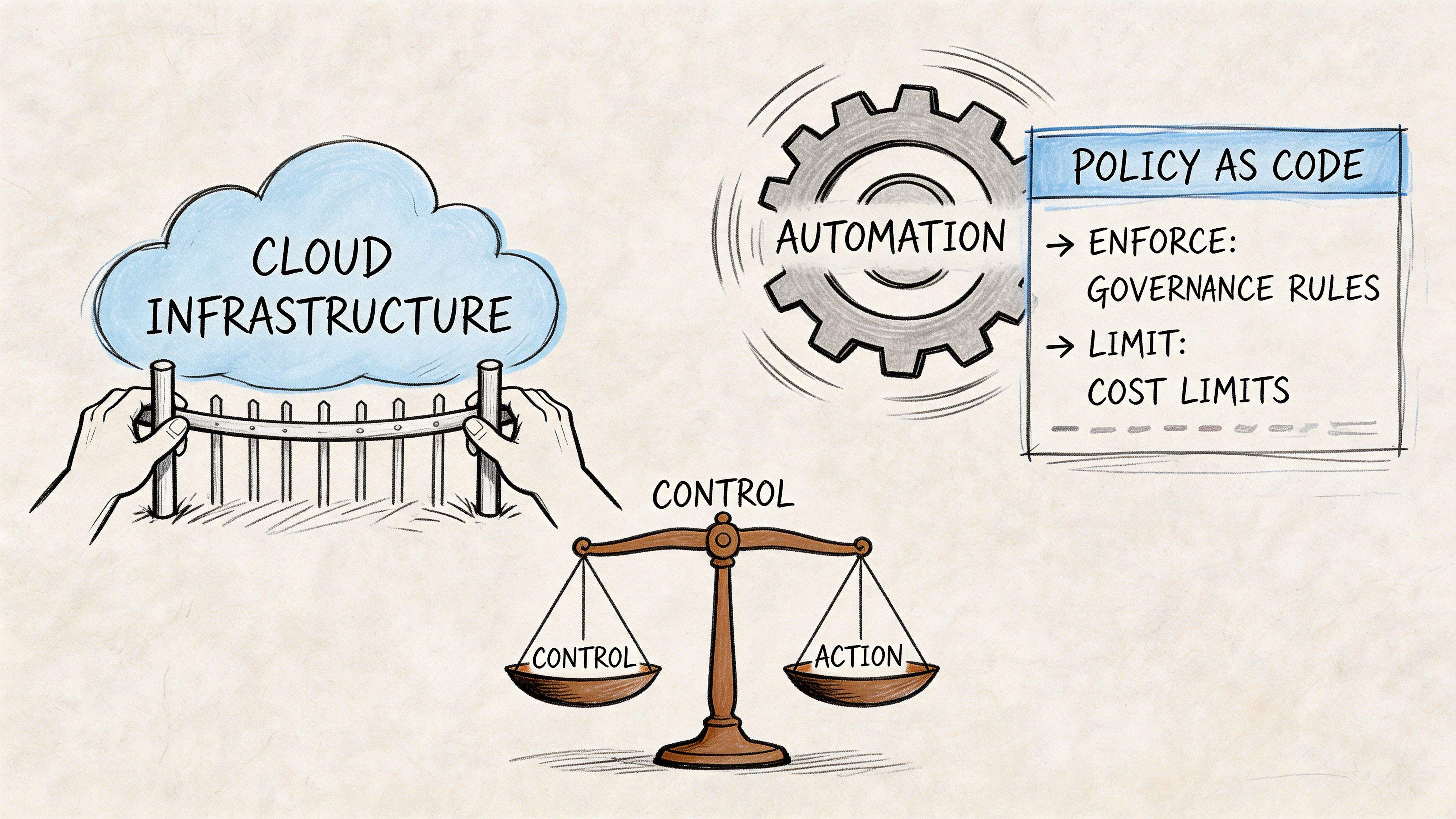 An illustration showing cloud infrastructure, automation, policy as code, and a scale balancing control and action.