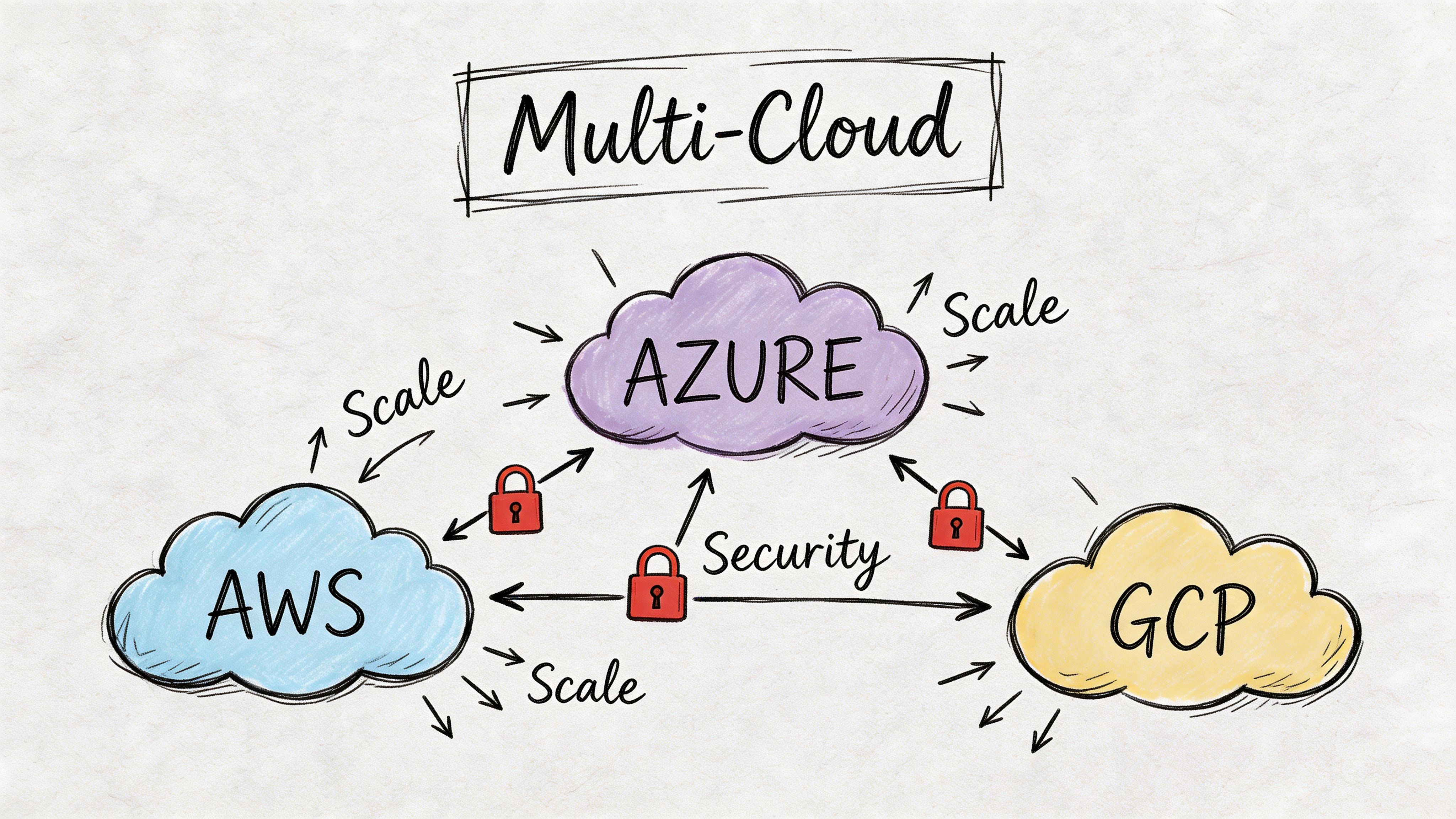 A hand-drawn illustration showing the multi-cloud concept with AWS, Azure, and GCP connected by security icons.