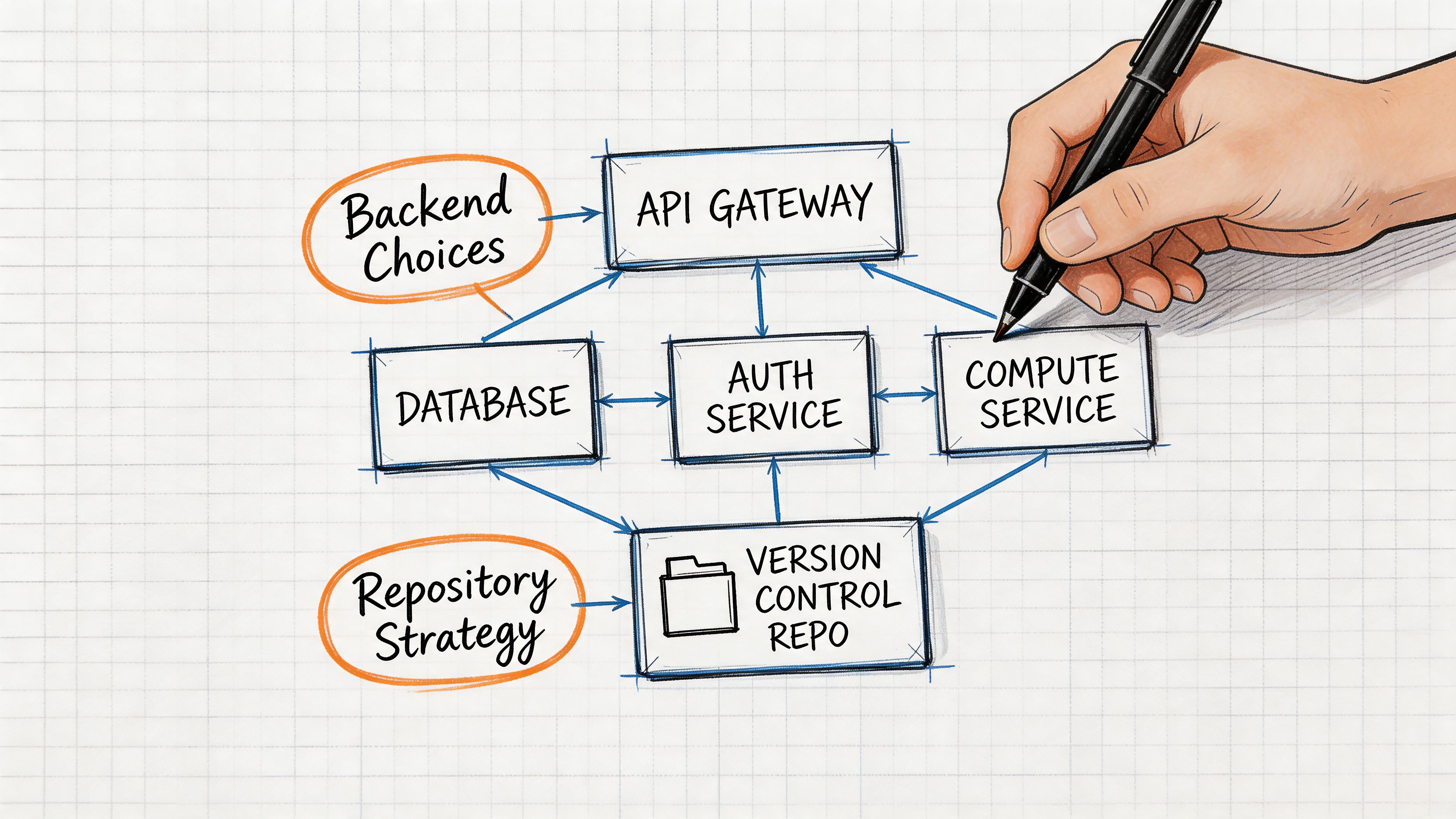 A hand-drawn architectural diagram of a software system with backend services and version control components.